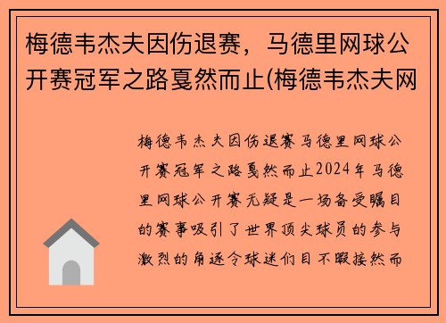 梅德韦杰夫因伤退赛，马德里网球公开赛冠军之路戛然而止(梅德韦杰夫网球世界排名)